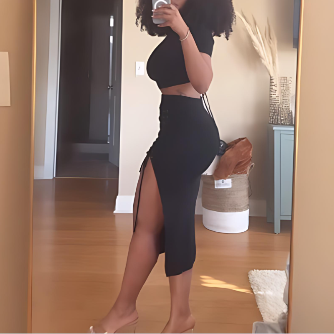 Black High Waist Slit Tie Skirt