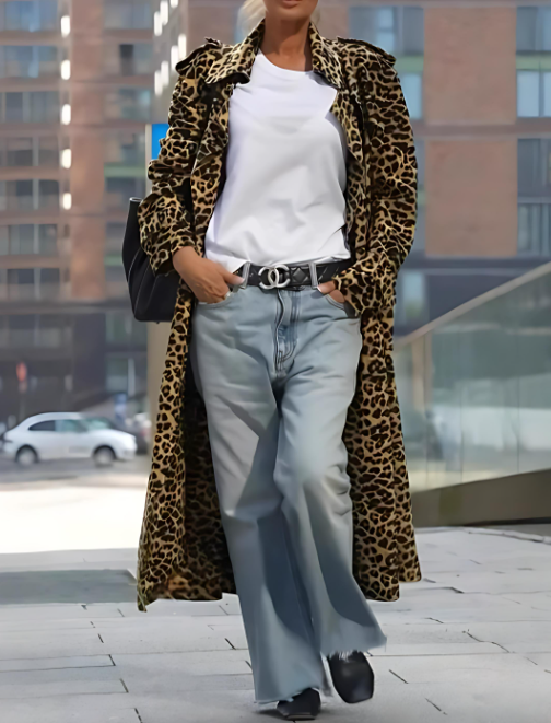Velvet Leopard Print Long Sleeve Loose Midi Trench Coat
