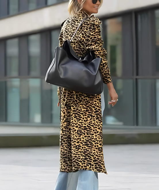 Velvet Leopard Print Long Sleeve Loose Midi Trench Coat