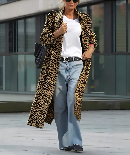 Velvet Leopard Print Long Sleeve Loose Midi Trench Coat