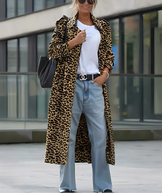 Velvet Leopard Print Long Sleeve Loose Midi Trench Coat