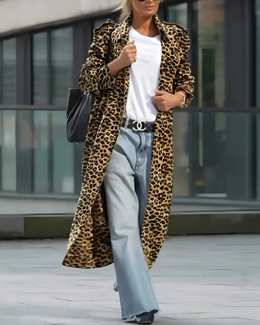 Velvet Leopard Print Long Sleeve Loose Midi Trench Coat