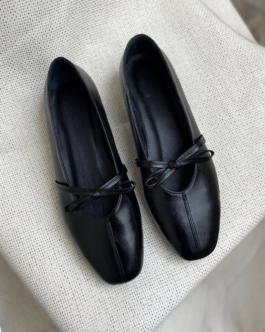 Black Women's Leather Bow Flat Shoes