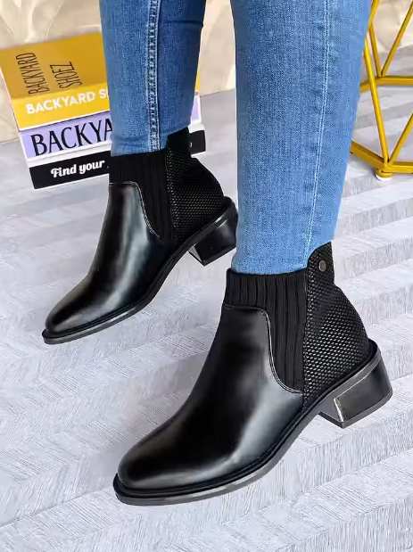 Soft Leather Chelsea Block Heel Knitted Ankle Boots