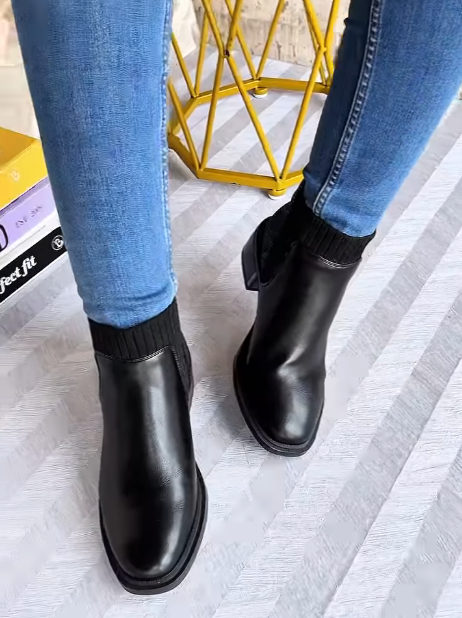 Soft Leather Chelsea Block Heel Knitted Ankle Boots