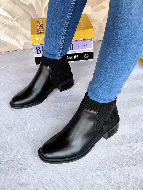 Soft Leather Chelsea Block Heel Knitted Ankle Boots
