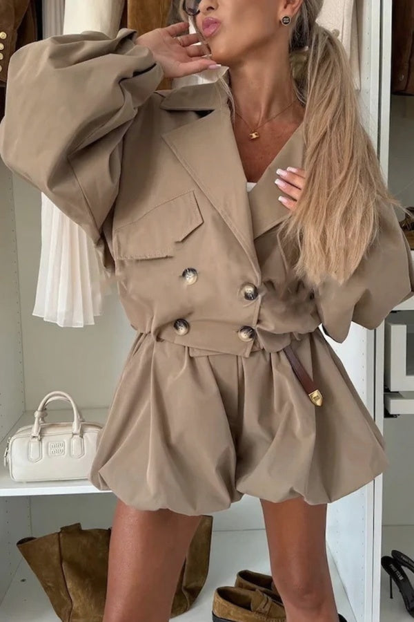 Fashion Button Long Balloon Sleeve Casual Bomber Jacket