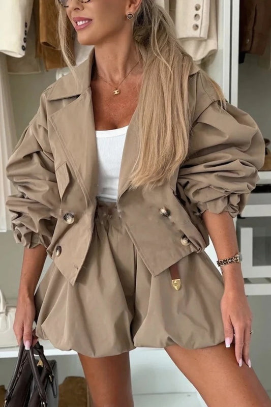 Fashion Button Long Balloon Sleeve Casual Bomber Jacket