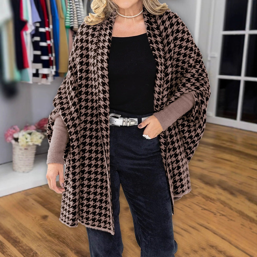 Women's Comfortable Houndstooth Knit Cape