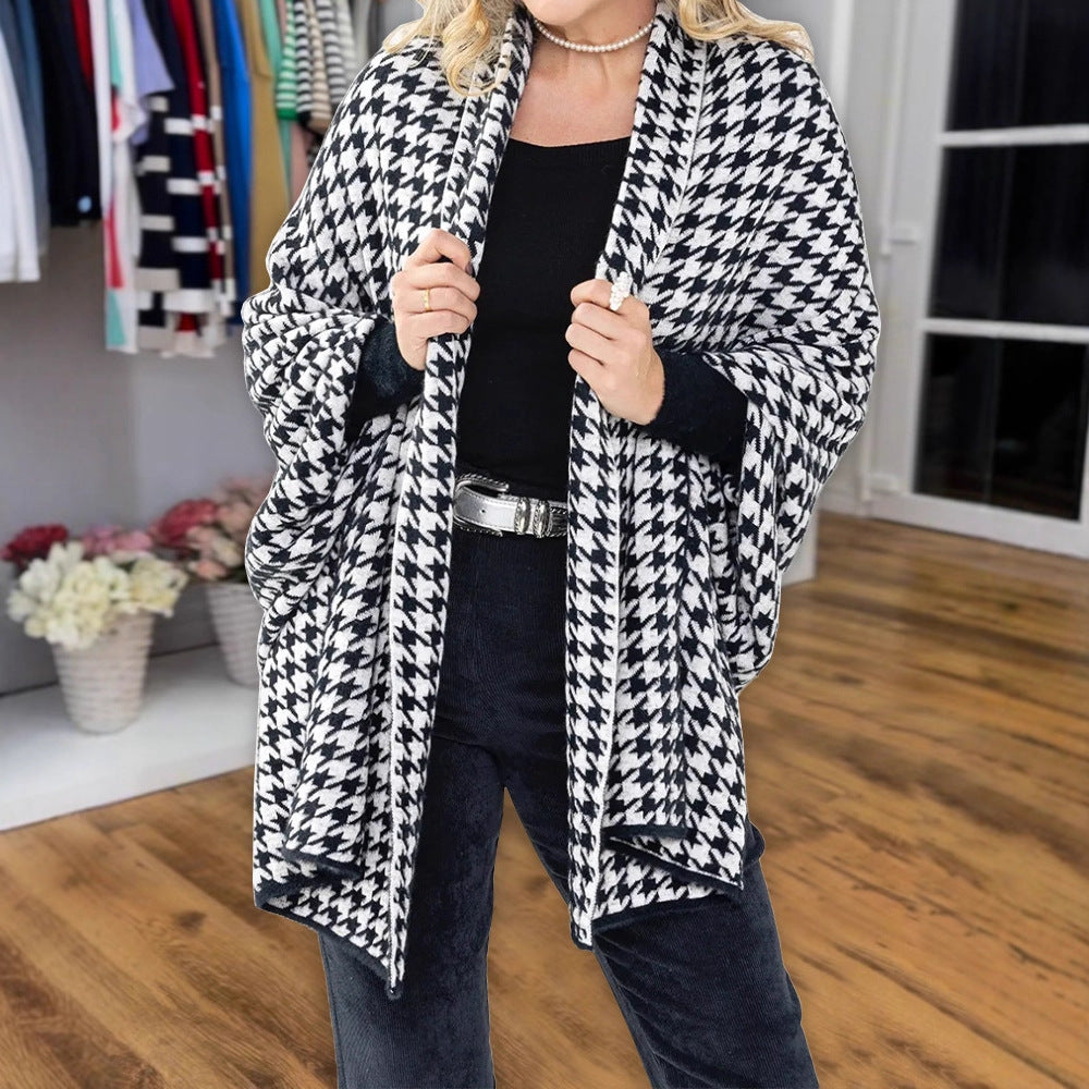 Women's Comfortable Houndstooth Knit Cape