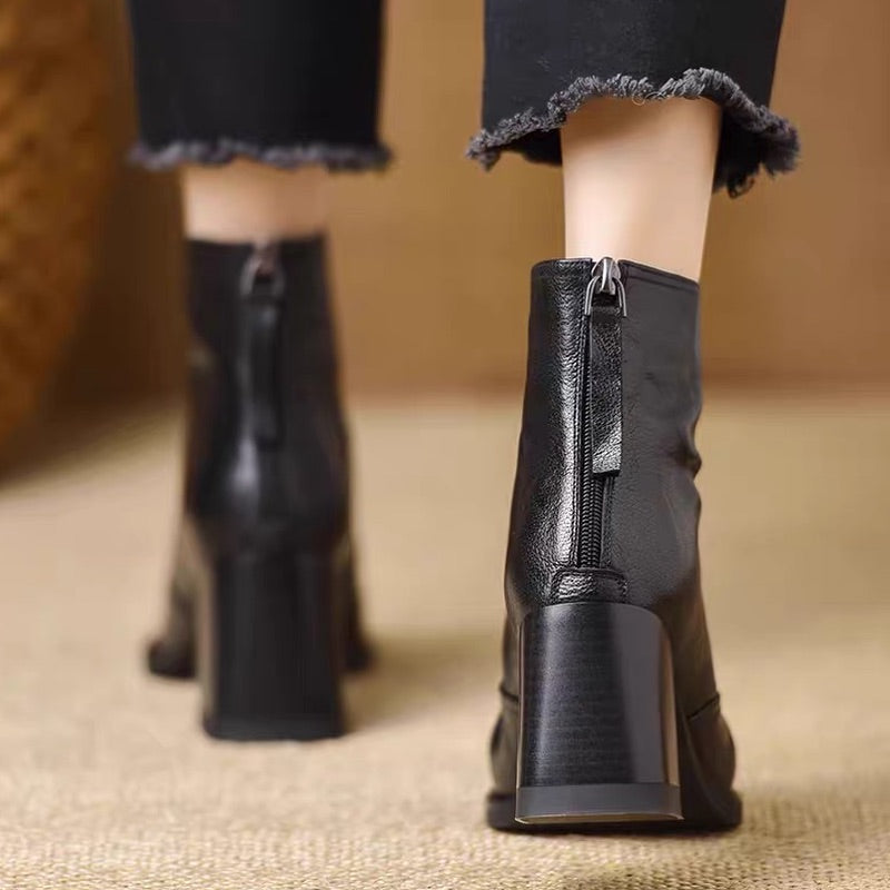 Retro Block Heel Zipper Ankle Boots
