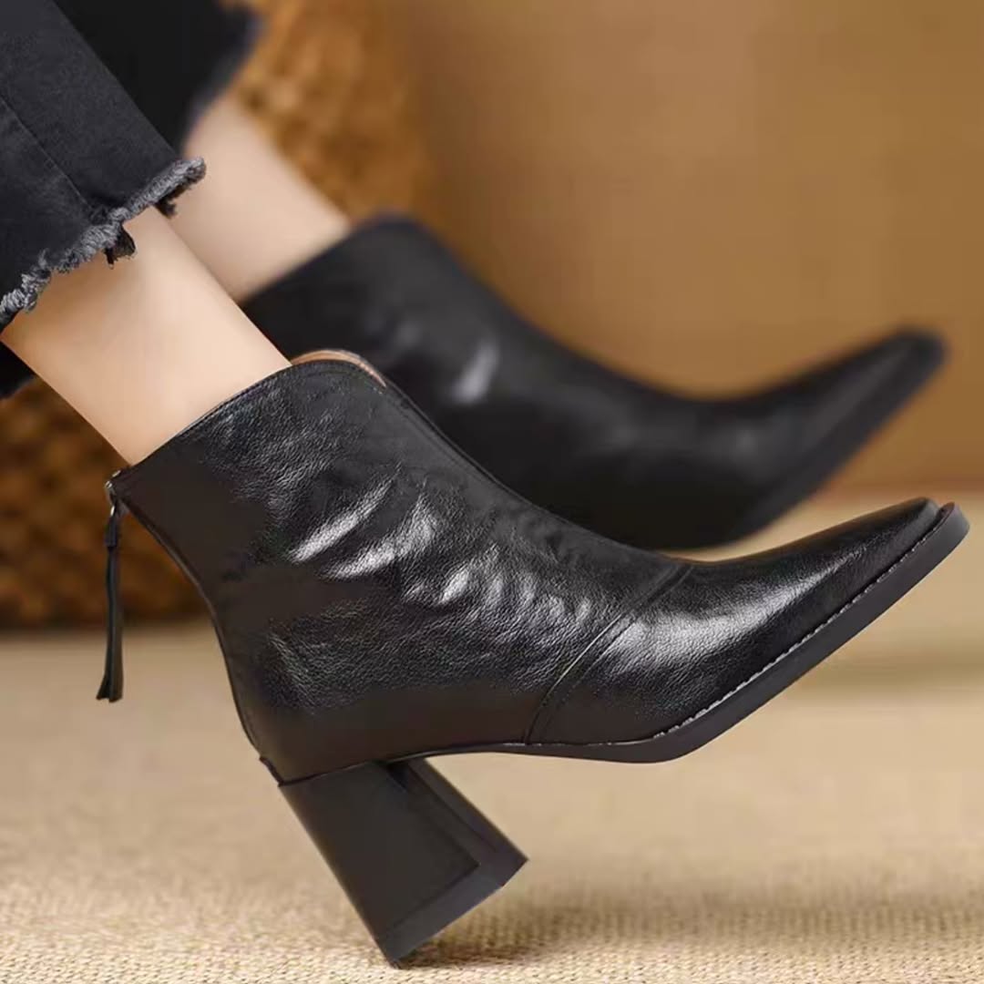 Retro Block Heel Zipper Ankle Boots