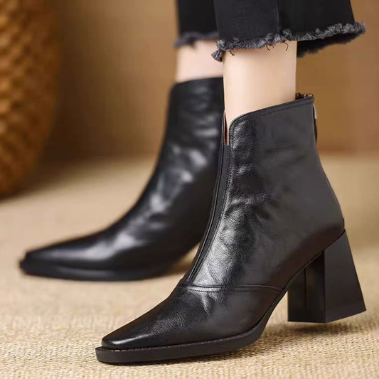 Retro Block Heel Zipper Ankle Boots