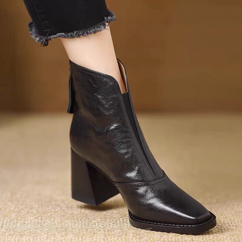 Retro Block Heel Zipper Ankle Boots