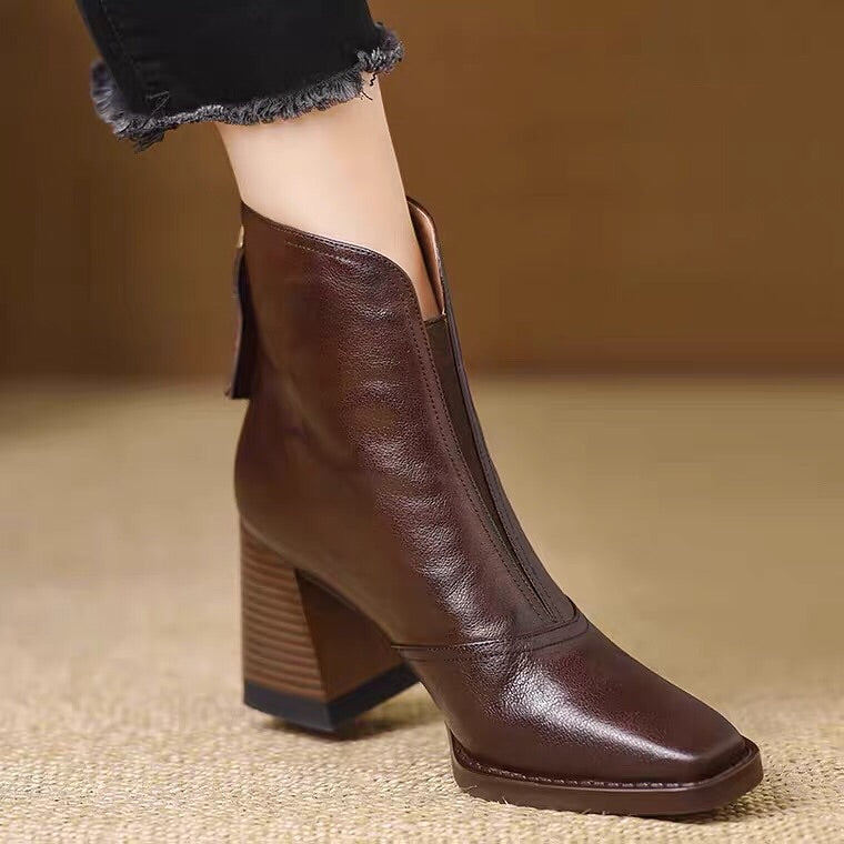 Retro Block Heel Zipper Ankle Boots