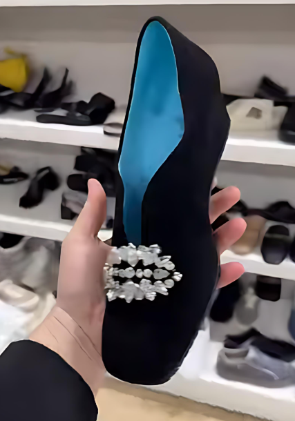 Women's Black Suede Rhinestone Heel-Enhancing Shoes