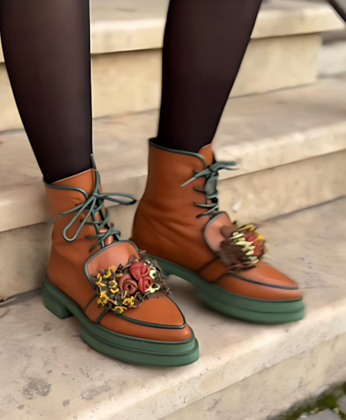 3D Flower Handmade Lace-Up Ankle Boots