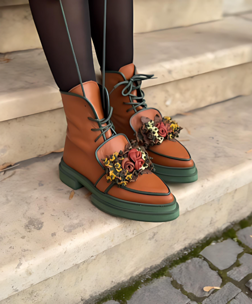 3D Flower Handmade Lace-Up Ankle Boots