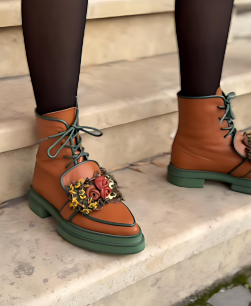 3D Flower Handmade Lace-Up Ankle Boots
