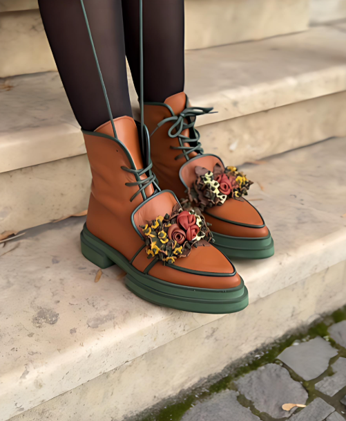 3D Flower Handmade Lace-Up Ankle Boots