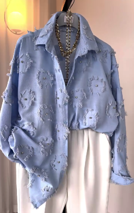 Blue Comfortable Rhinestone Shirt