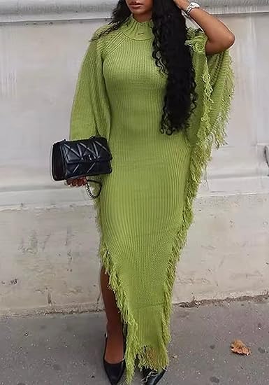 Women Fringe Turtleneck Long Sweater Dress