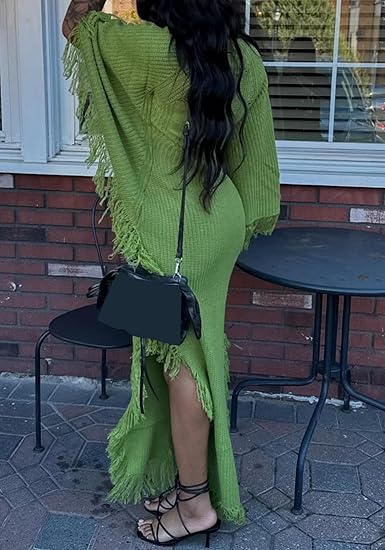 Women Fringe Turtleneck Long Sweater Dress