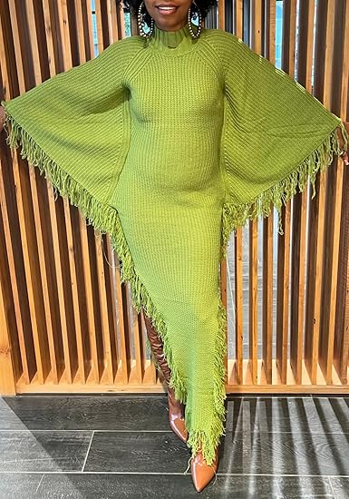 Women Fringe Turtleneck Long Sweater Dress
