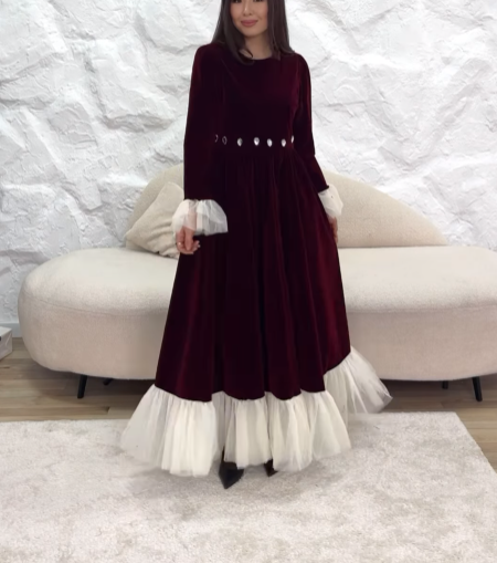 Women's Velvet and Mesh Paneled Dress