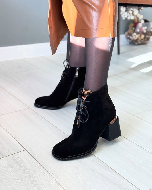 Black leopard suede detail square heel boots