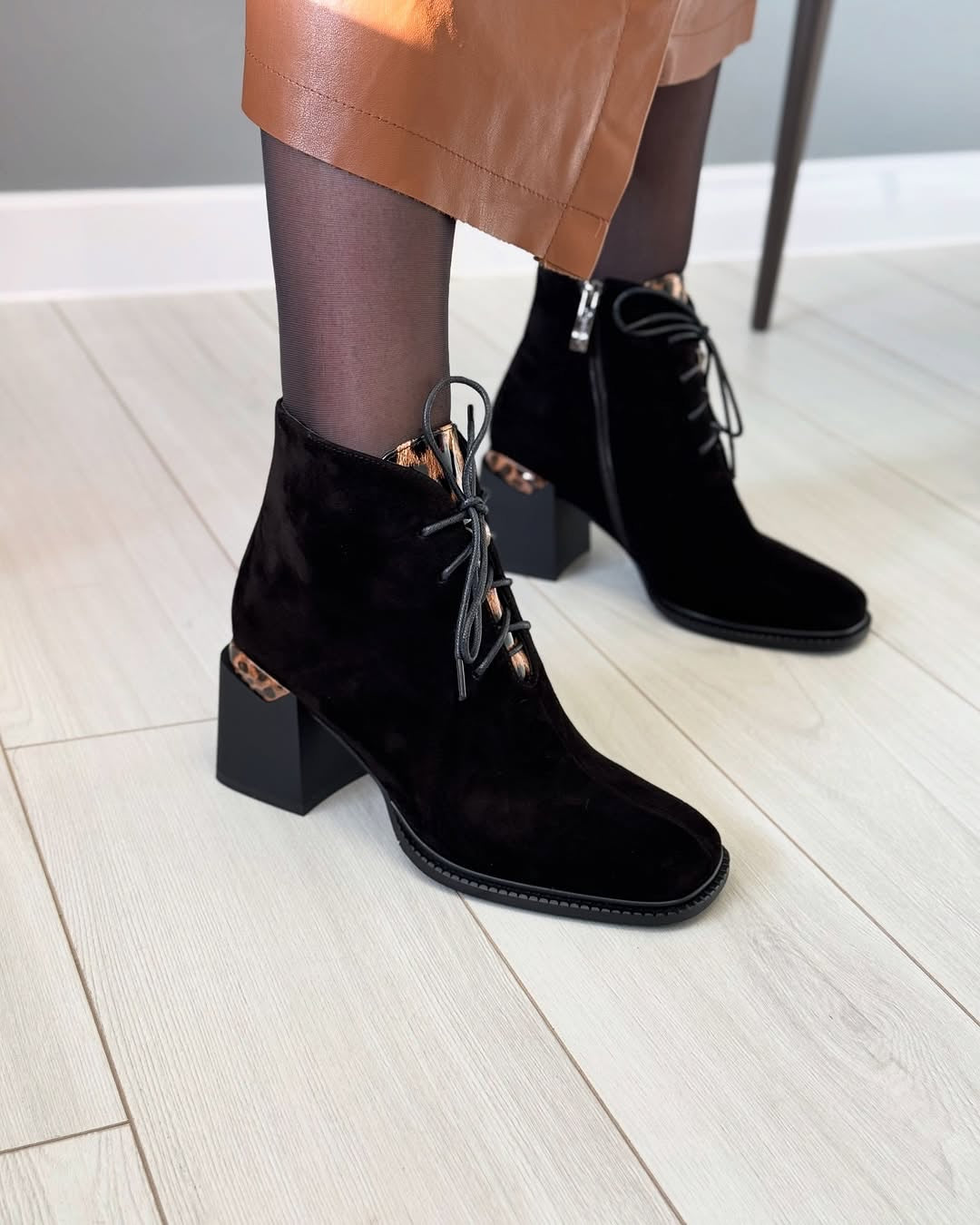 Black leopard suede detail square heel boots