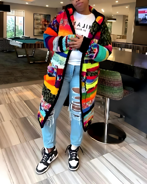 Colorful hand-knit hooded cardigan