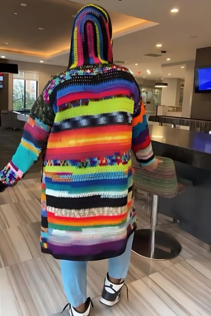 Colorful hand-knit hooded cardigan