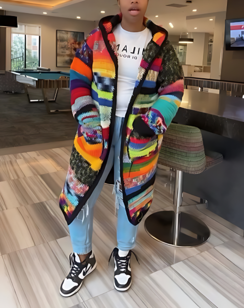 Colorful hand-knit hooded cardigan