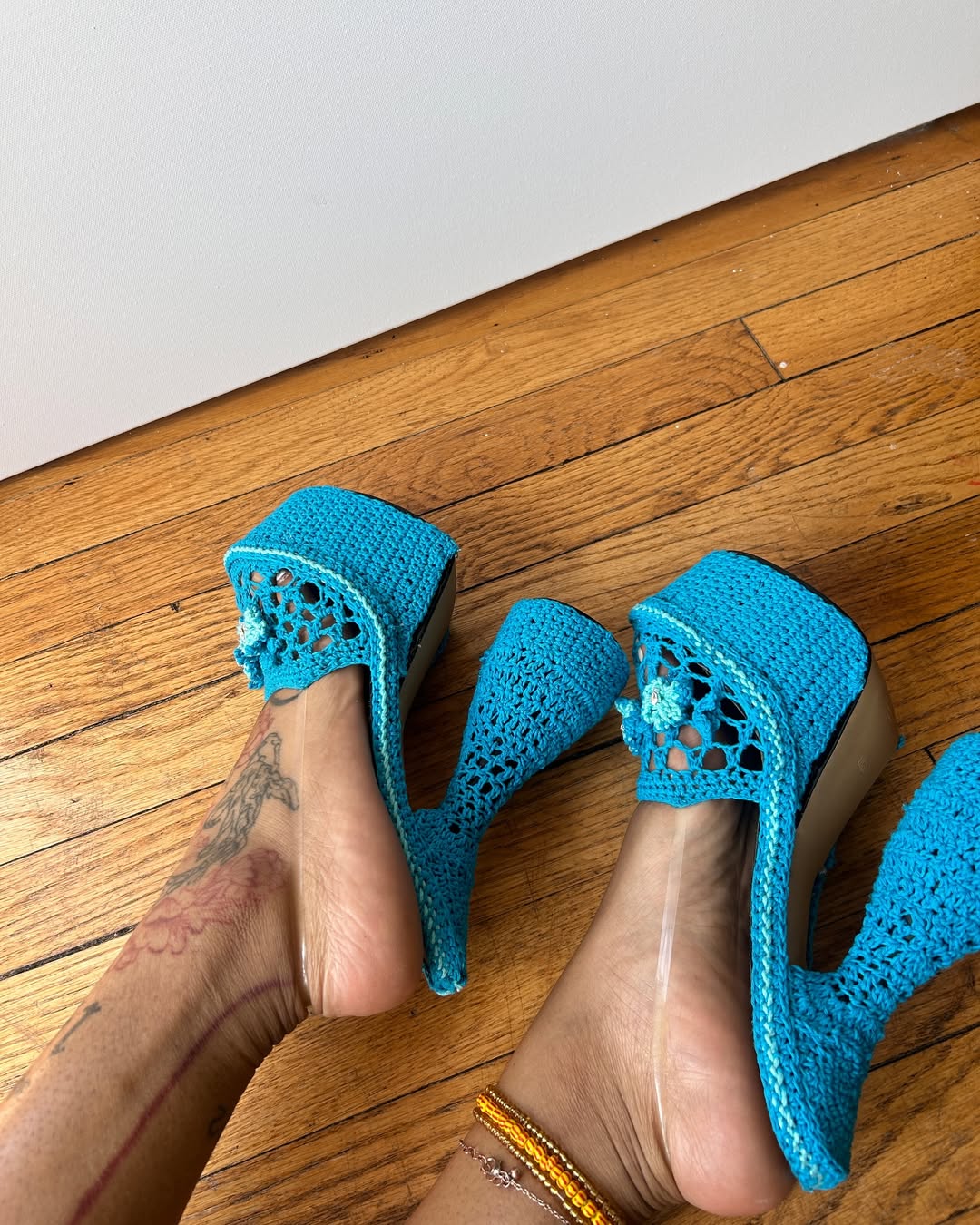 Blue knitted high heels