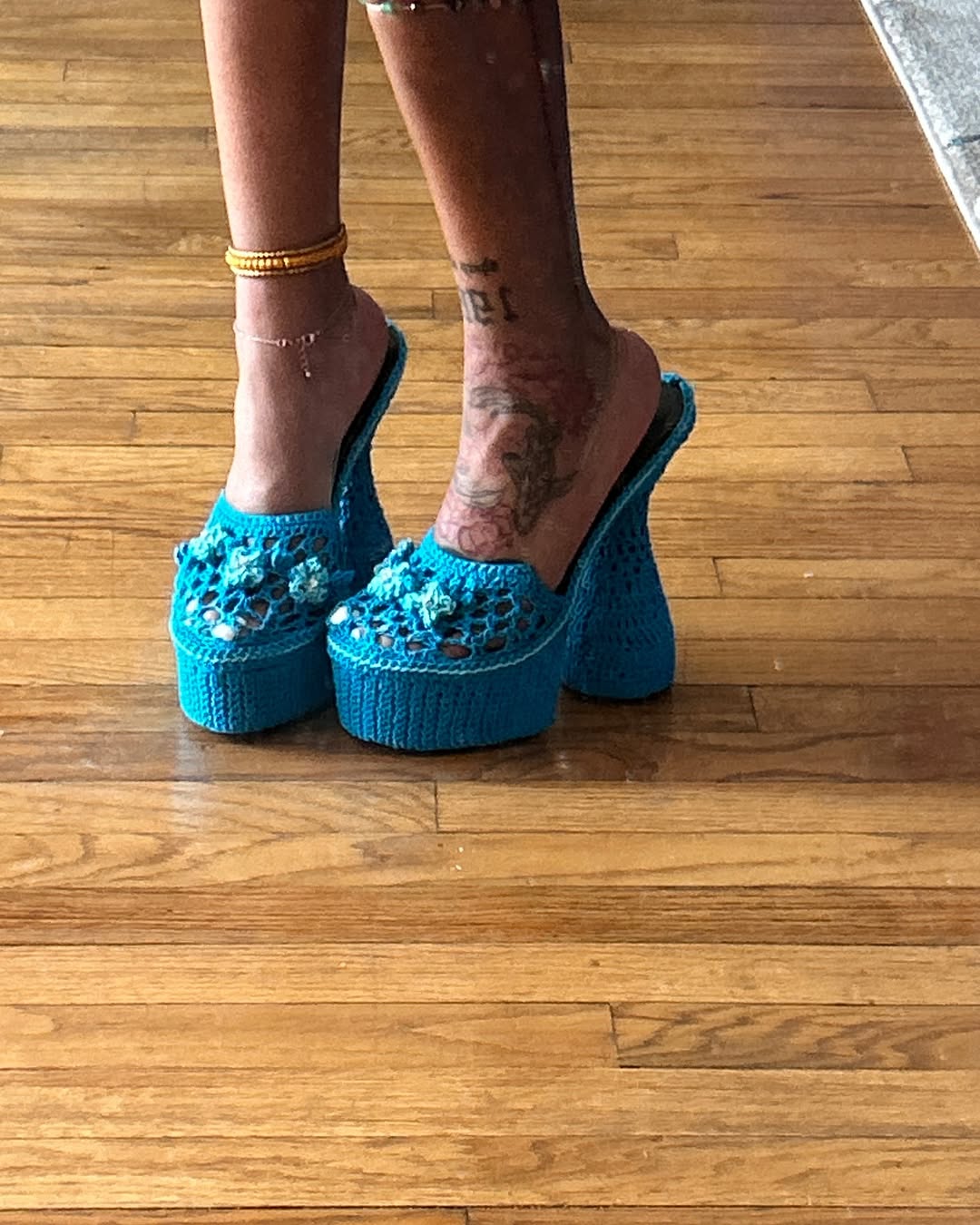 Blue knitted high heels