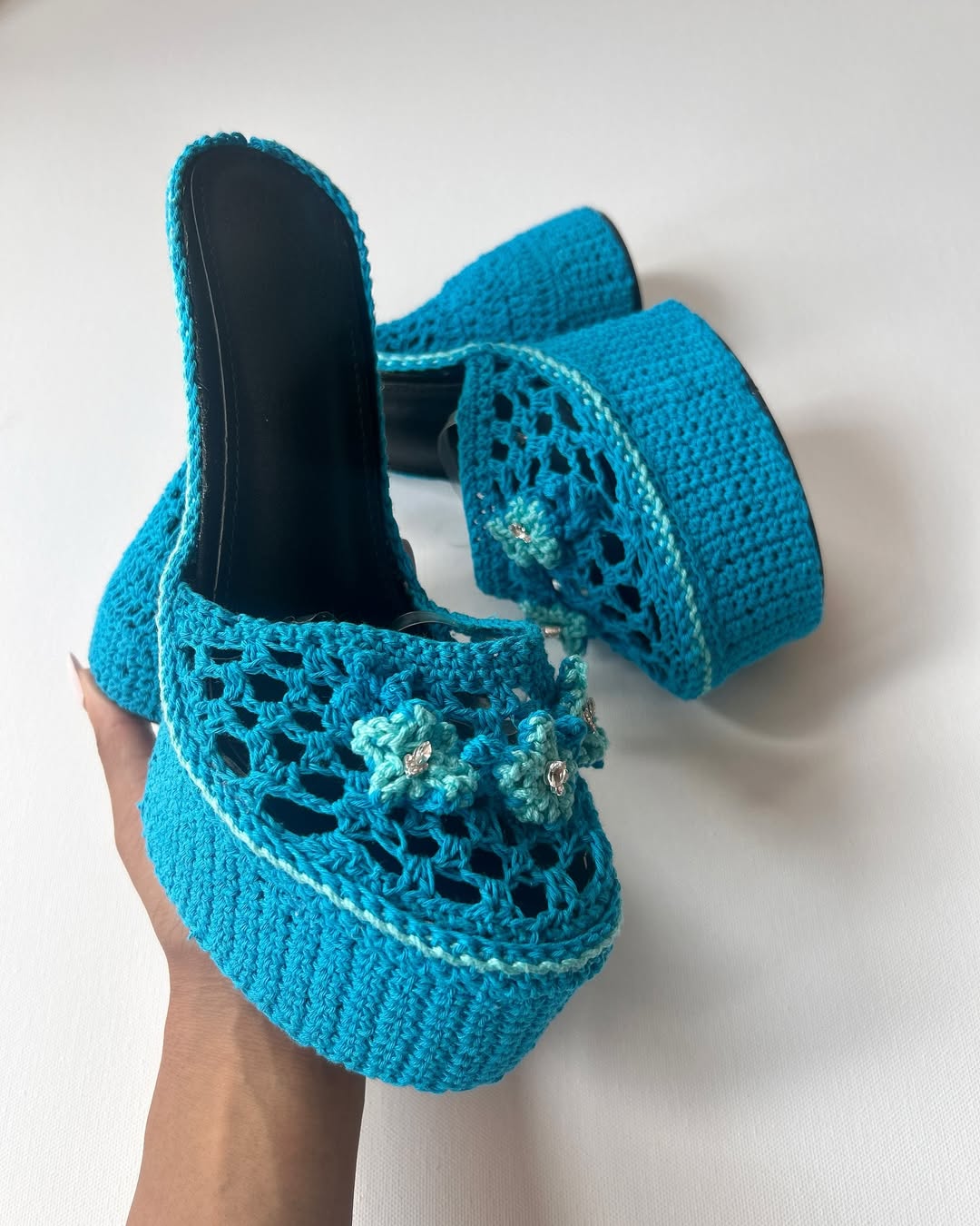 Blue knitted high heels