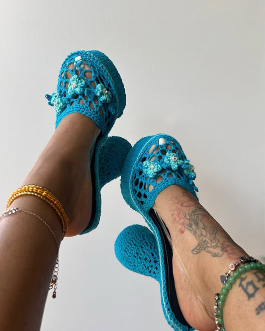Blue knitted high heels