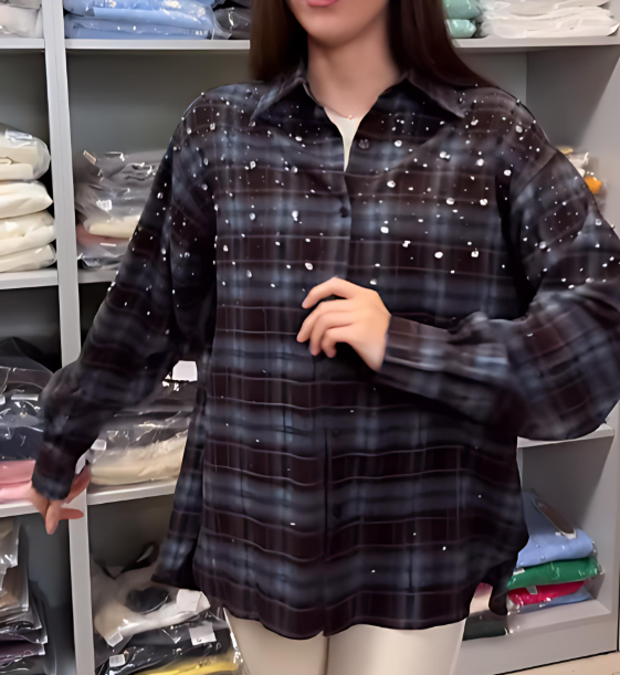 Rhinestone Plaid Casual Women's Shirt