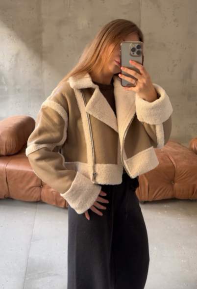 Women's Short Sherpa-Lined Faux Leather Jacket with Lapel