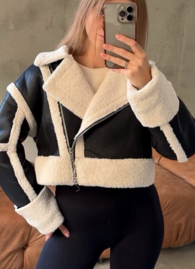 Women's Short Sherpa-Lined Faux Leather Jacket with Lapel