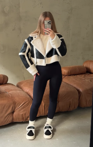 Women's Short Sherpa-Lined Faux Leather Jacket with Lapel