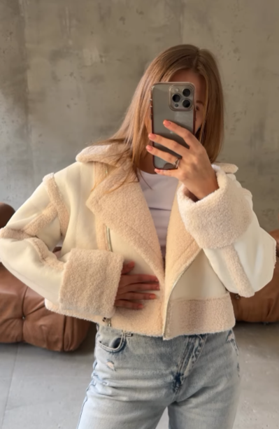 Women's Short Sherpa-Lined Faux Leather Jacket with Lapel