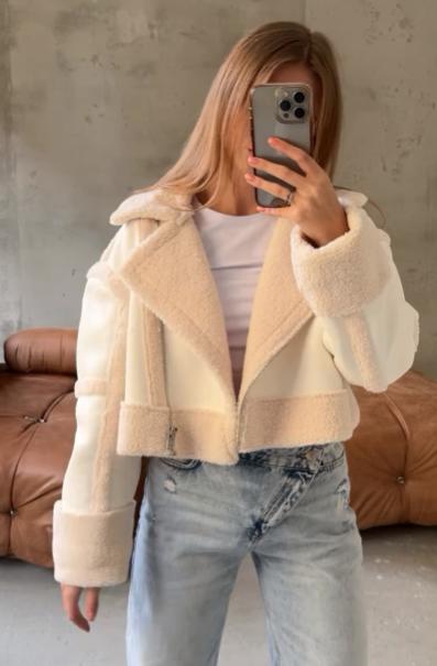 Women's Short Sherpa-Lined Faux Leather Jacket with Lapel