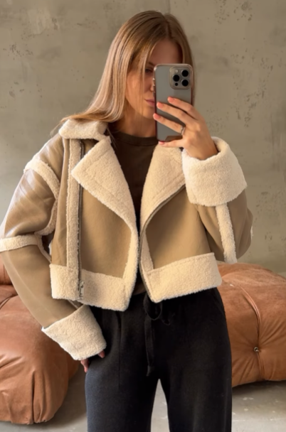 Women's Short Sherpa-Lined Faux Leather Jacket with Lapel