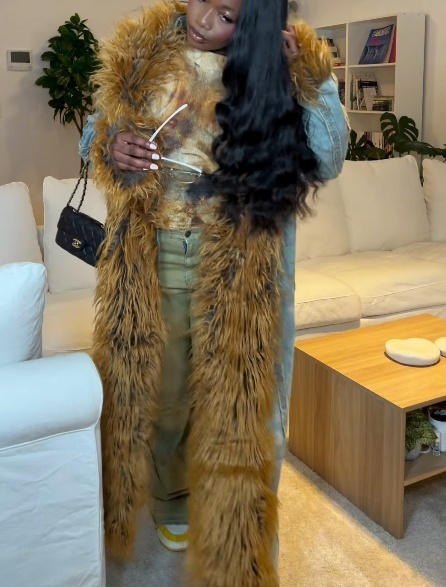 Women's fur lapel denim long coat