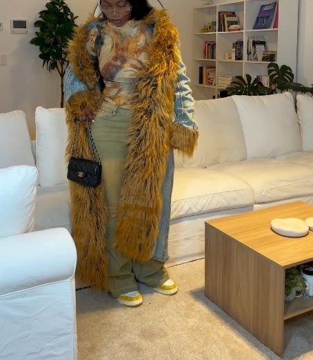 Women's fur lapel denim long coat