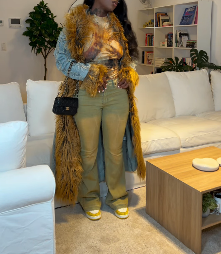 Women's fur lapel denim long coat