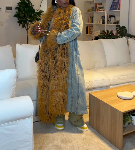 Women's fur lapel denim long coat