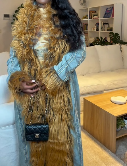 Women's fur lapel denim long coat